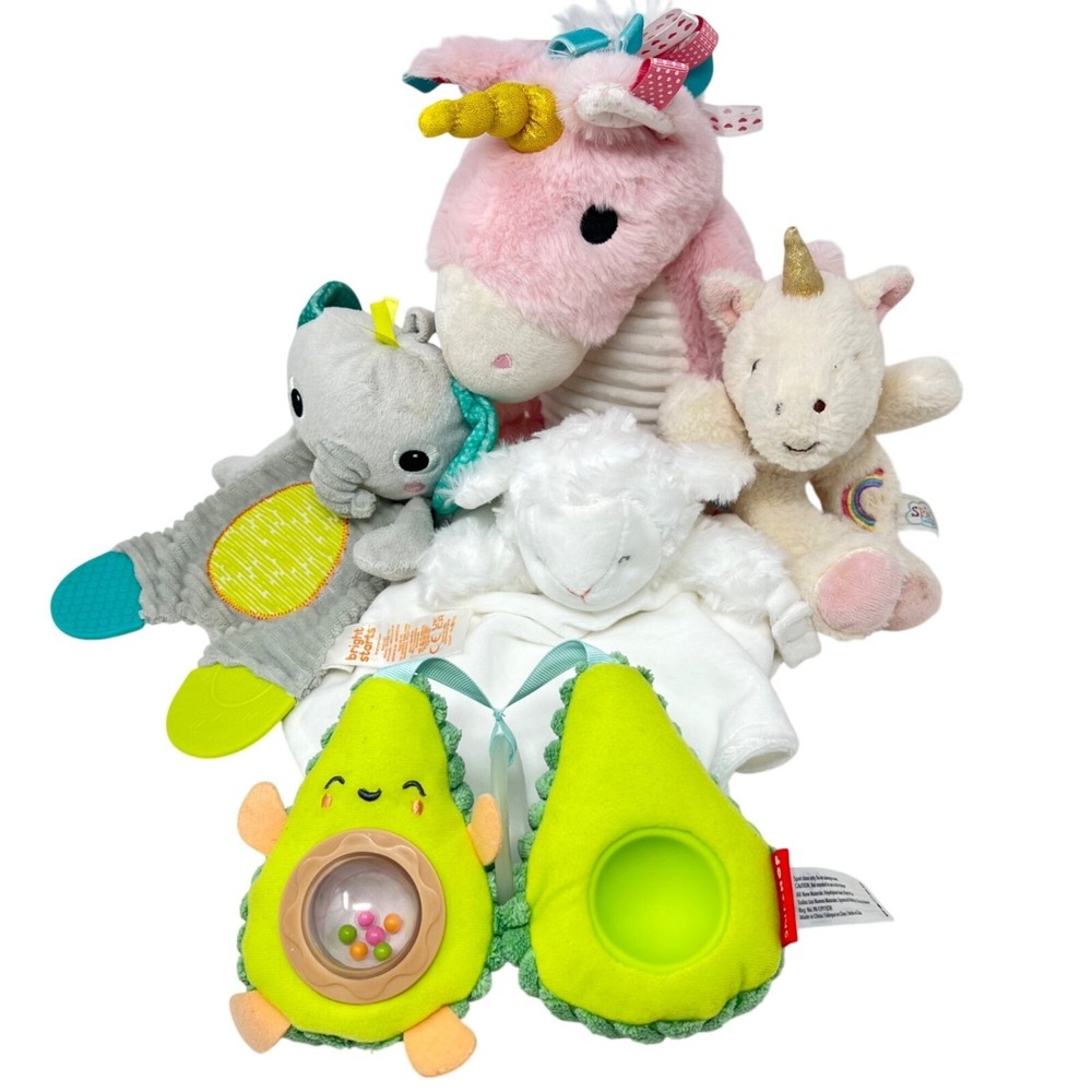 Baby Activity Lovey Teether Rattle 5 Pc Set Pink Unicorn Elephant Lamb Avocado